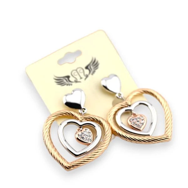 Fancy triple heart earring in gold and silver