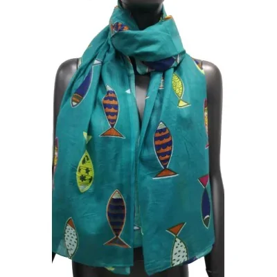 Lenço feminino com estampa de peixe azul petróleo