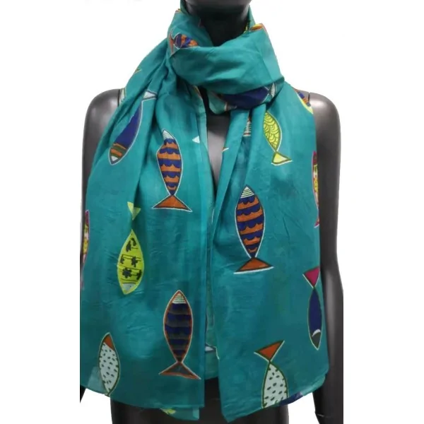 Lenço feminino com estampa de peixe azul petróleo