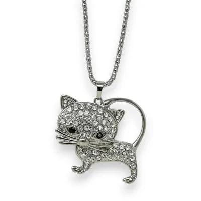 Fancy silver rhinestone kitten necklace