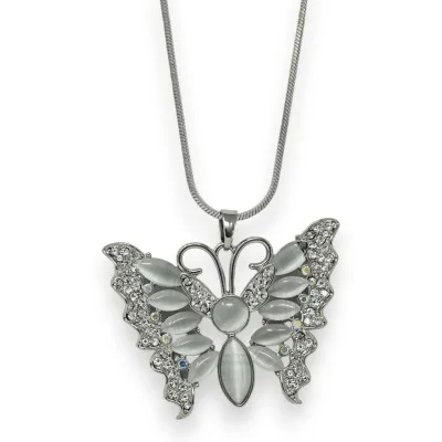 Collana fantasia argentata con farfalla, pietra grigia e strass