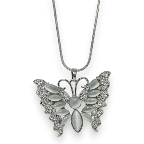 Silver-plated butterfly fantasy necklace with grey stone and rhinestones