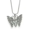 Colar de fantasia prateado borboleta pedra cinza e strass