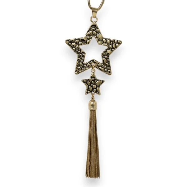 Colar fantasia de estrelas douradas e pretas duplas com pompom metalizado