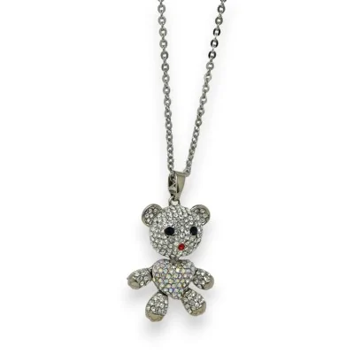 Fancy white rhinestone teddy bear necklace