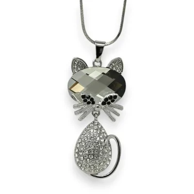Colar longo gato com strass e pedra branca