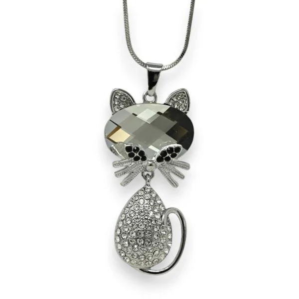Colar longo gato com strass e pedra branca