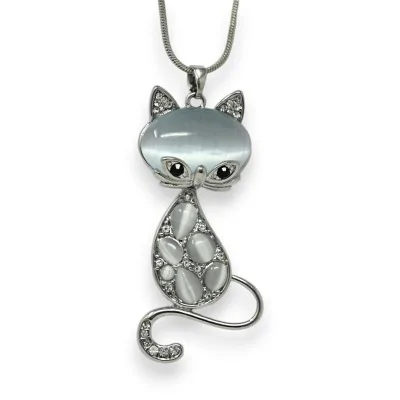Collana lunga fantasia argentata gatto pietra grigia