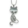 Lange Modeschmuck-Halskette in Silber mit Katze und grauem Stein