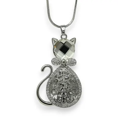 Colar longo fantasia prateado com gato, pedra e strass branco