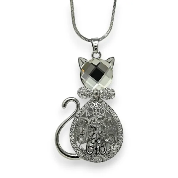 Collana lunga fantasia argento con gatto, pietra e strass bianchi