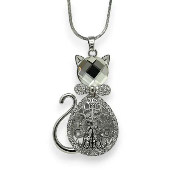 Long silver-plated fantasy necklace with cat, stone, and white rhinestones