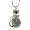 Collier Fantaisie Chat Argenté | Pendentif Félin Strass et Crystal | Mode Tendance
