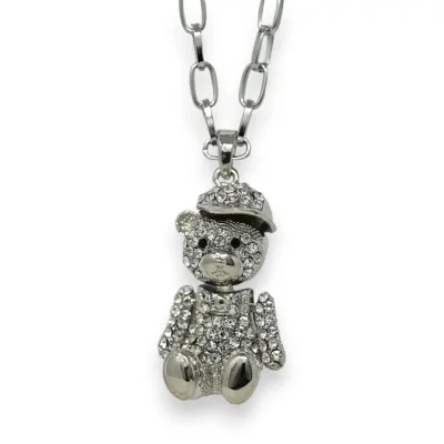 Collana lunga fantasia argentata con orsacchiotto, cappellino e strass