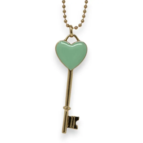 Colar longo dourado chave da felicidade verde água