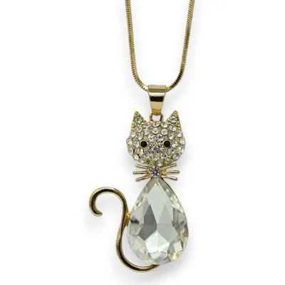 Collana lunga dorata con gatto, pietra e strass bianchi