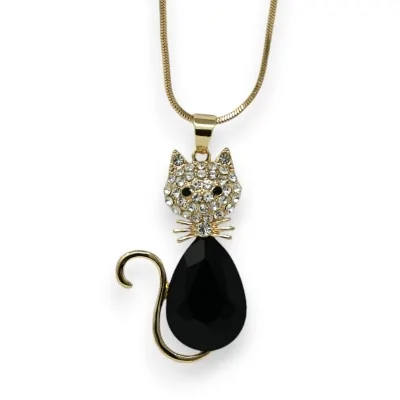 Collar de fantasía largo dorado con gato negro y brillante