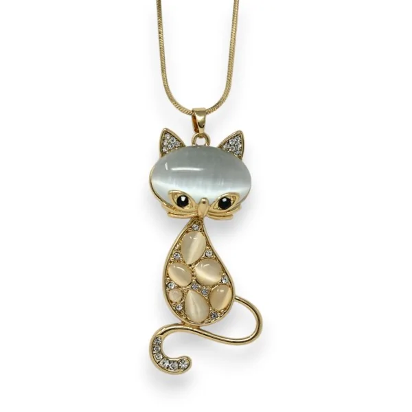 Collana fantasia dorata gatto pietra bianca