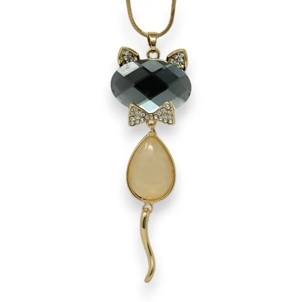 Collier fantaisie doré chat pierre gris et beige