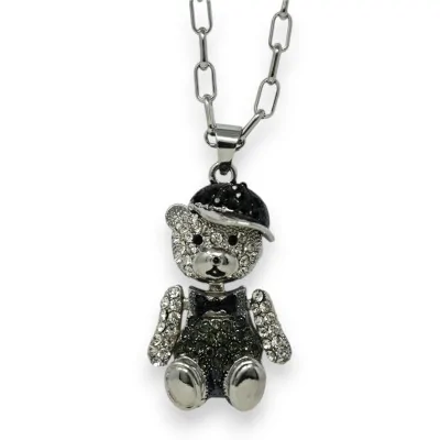 Long silver-plated fashion necklace with teddy bear in cap