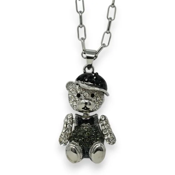 Collana lunga fantasia argentata orsetto con cappellino alla moda