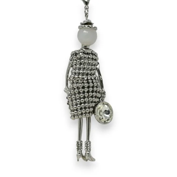 Long silver-plated fantasy necklace with metallic dress doll pendant