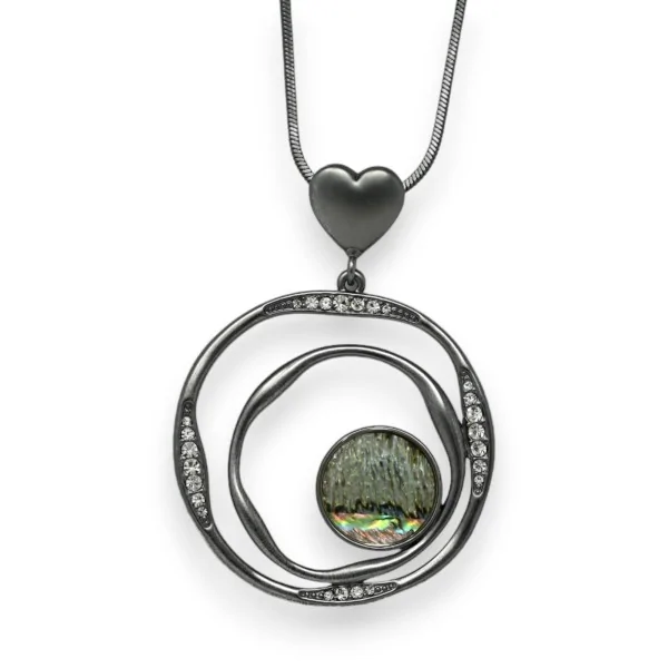 Fancy gray metal necklace with mother-of-pearl medallion pendant