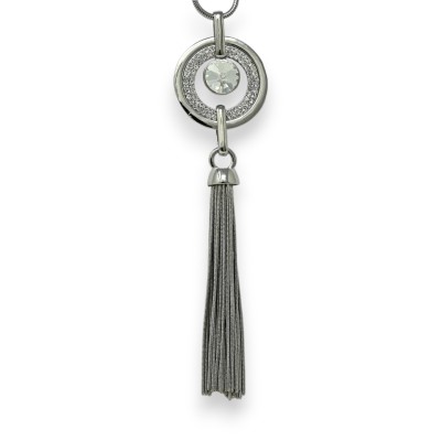 Collana lunga con nappa argentata, medaglione pavé strass e solitario rivoli, pendente 16 cm