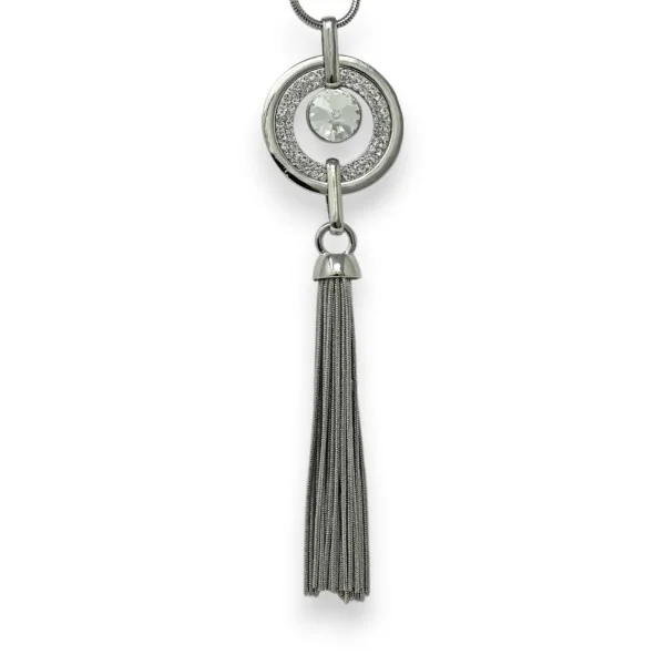 Long silver-plated fashion necklace with rhinestone medallion and tassel fringe
