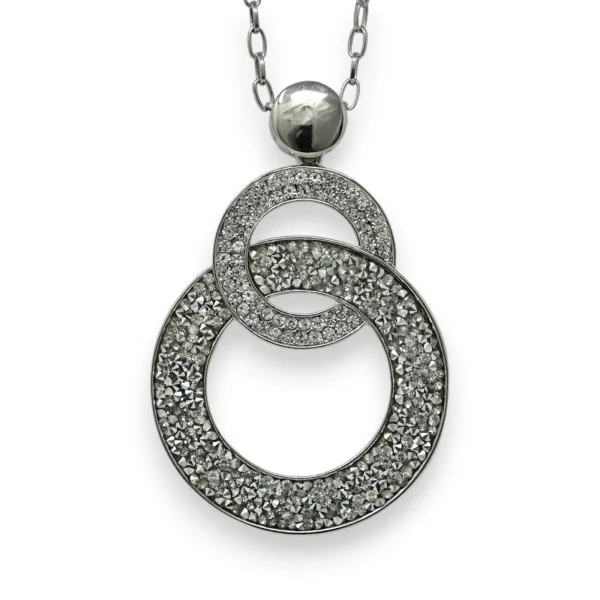 Collar largo de fantasía plateado con doble círculo y lentejuelas