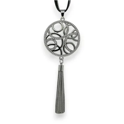 Long silver-plated statement necklace with graphic medallion and tassel