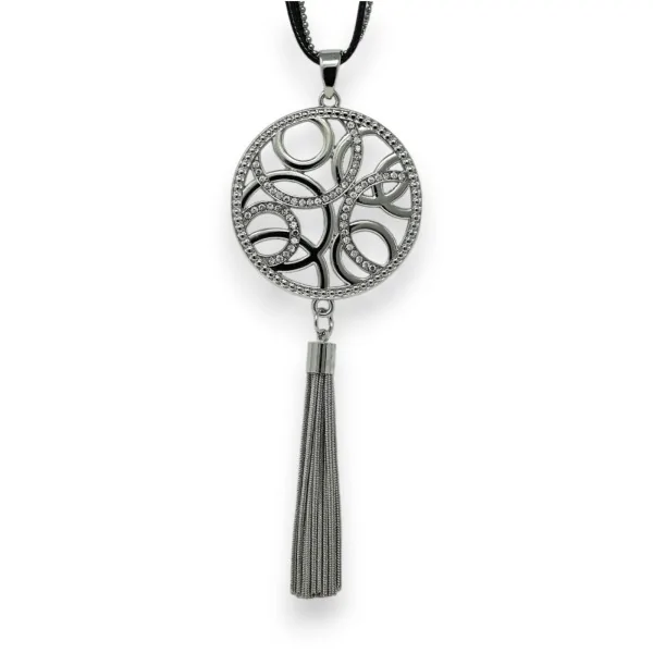 Long silver-plated statement necklace with graphic medallion and tassel