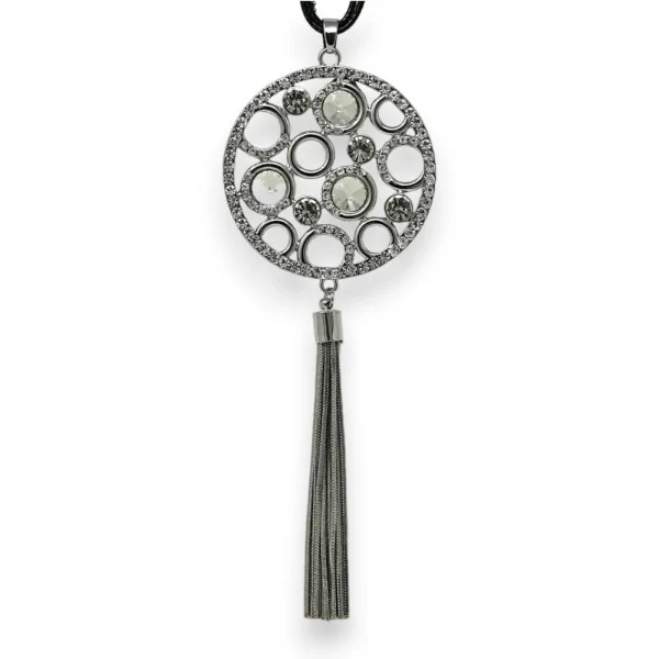 Collier fantaisie long argenté médaillon bulle de strass et pompon