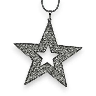 Collar de fantasía largo plateado gris con gran estrella de estrás