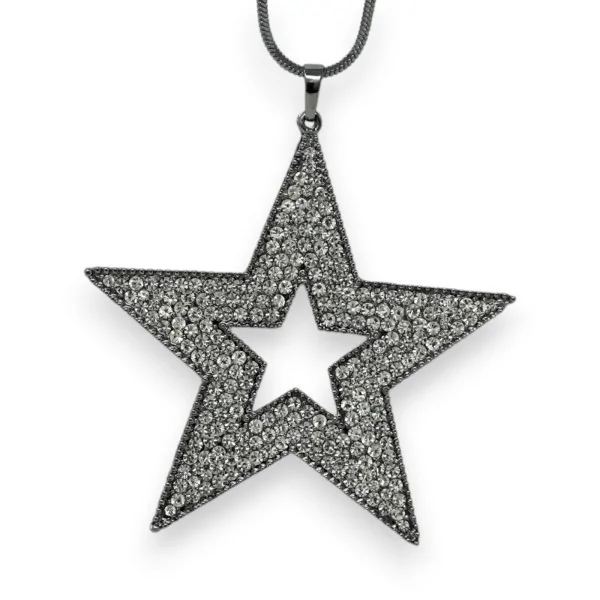 Collana lunga fantasia argento grigio con grande stella di strass