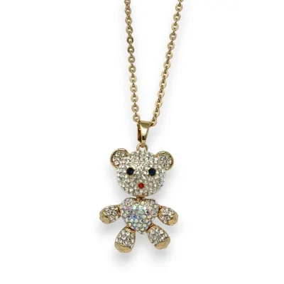 Lange vergoldete Modeschmuck-Halskette mit kleinem beweglichem Teddybär und Strasssteinen