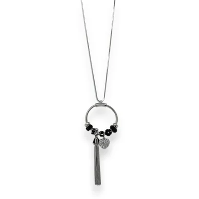 Collar largo de fantasía plateado con dijes circulares negros