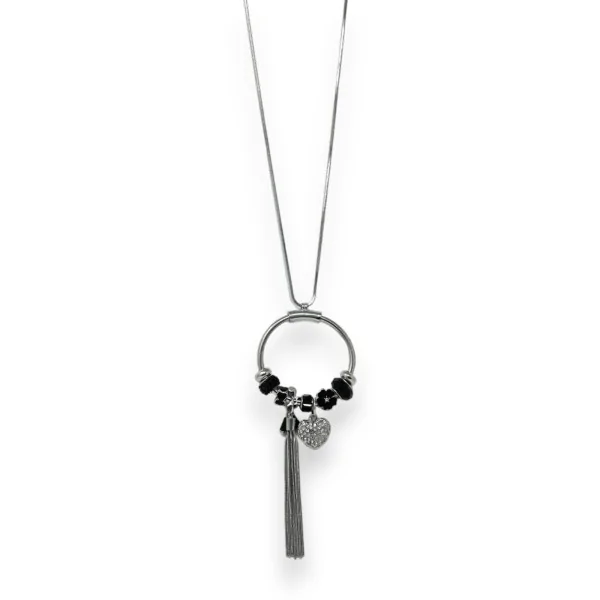 Collar largo de fantasía plateado con dijes circulares negros