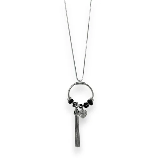 Long silver-plated fancy necklace with black charm circles