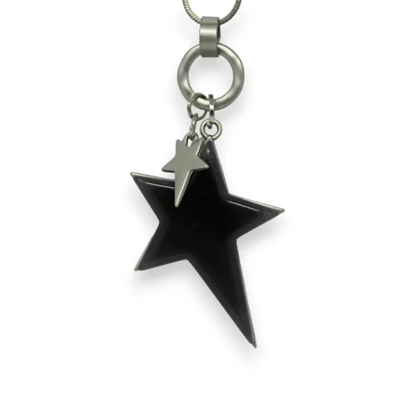 Collier fantaisie long argenté brossé étoile grise relief asymétrique