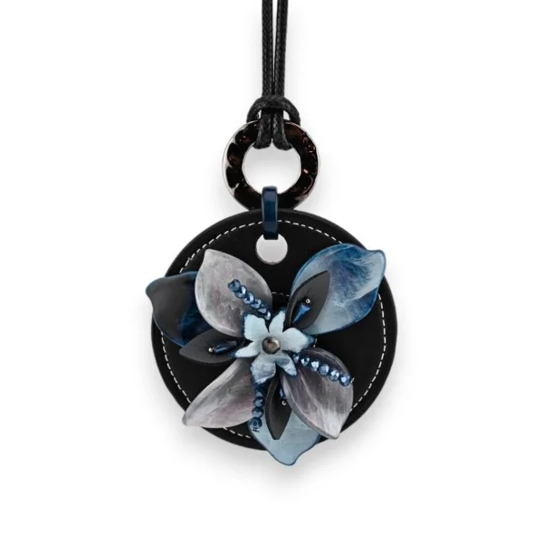 Collier fantaisie long fleurs relief nuance bleue