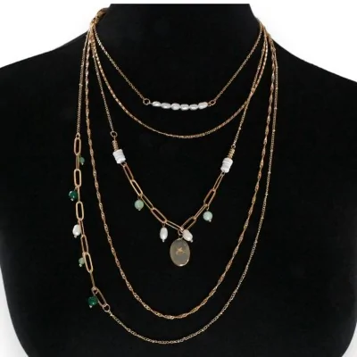 Collana fantasia 5 file di pietre sfumatura verde