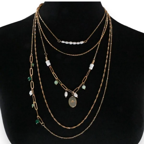 Collier fantaisie 5 rangées pierres nuance verte