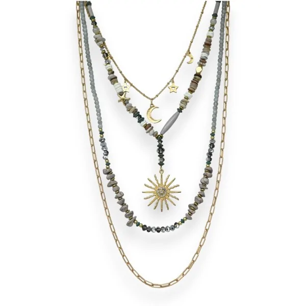 Collana di bigiotteria dorata con pietre grigie e ciondolo a forma di sole