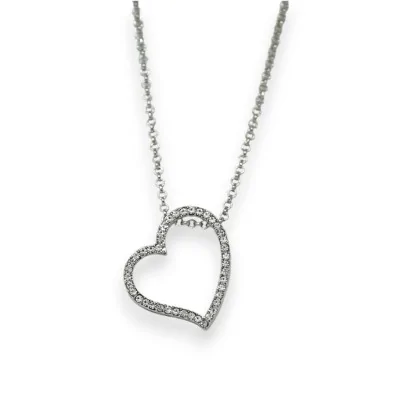 Silver-plated fantasy necklace with openwork heart and rhinestones