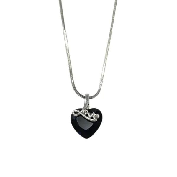 Silver-plated heart necklace with black stone and LOVE engraving