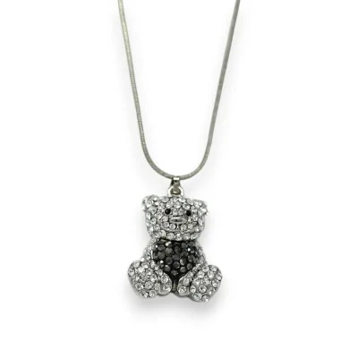 Collar de fantasía plateado con osito de peluche y corazón gris de estrás