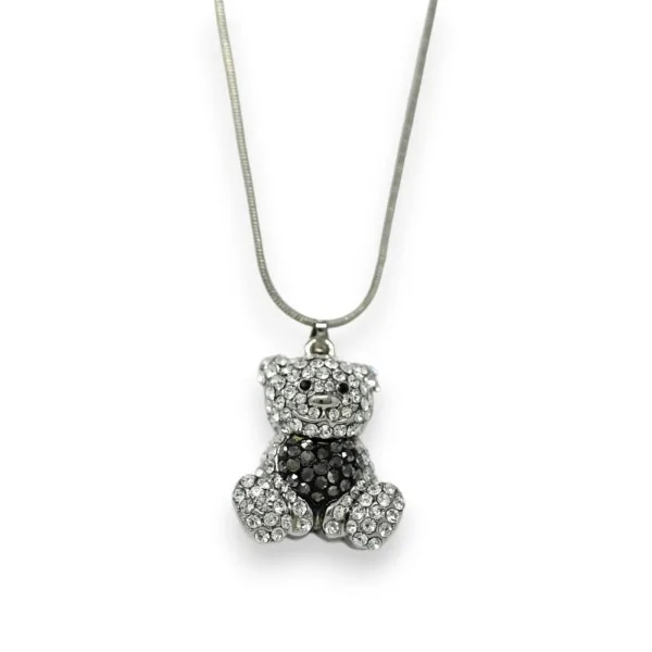 Silver-plated fantasy necklace with teddy bear and grey heart rhinestones