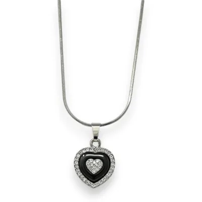 Collana fantasia argento con cuore di strass e ceramica nera