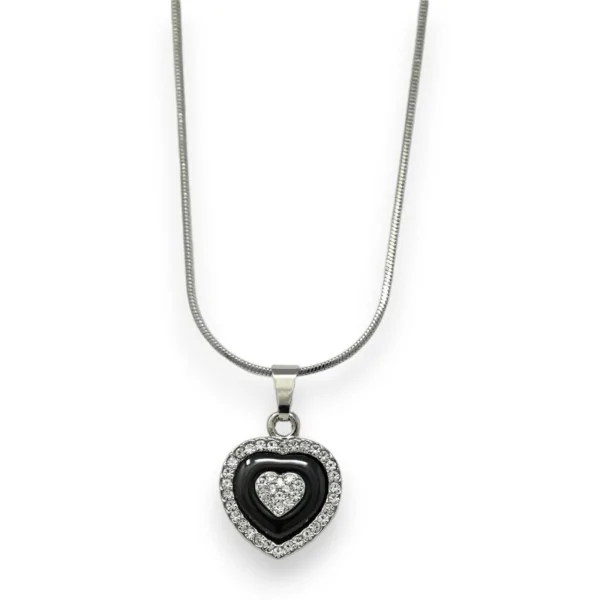 Silver-plated fancy necklace with black ceramic heart and rhinestones